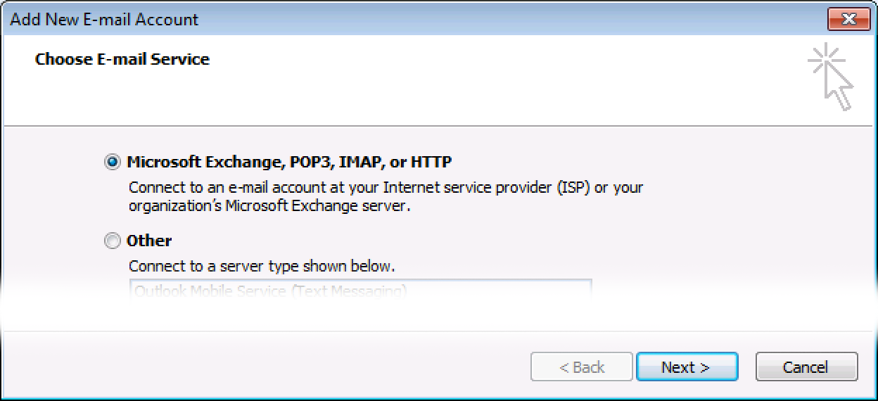 Select Microsoft Exchange, POP3, click Next