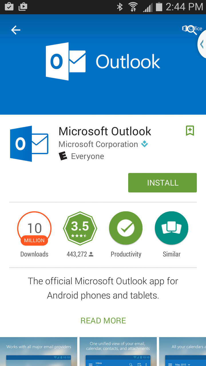 Click Install on Outlook app in Play Store.