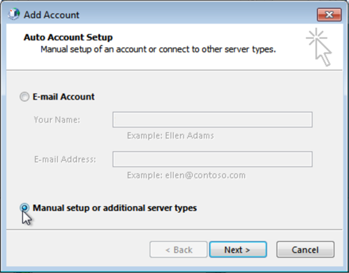 Select Manual setup or additional server types, click Next