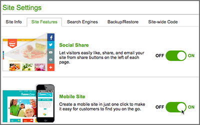 In the Site Features tab, click the Mobile Site button OFF or ON.